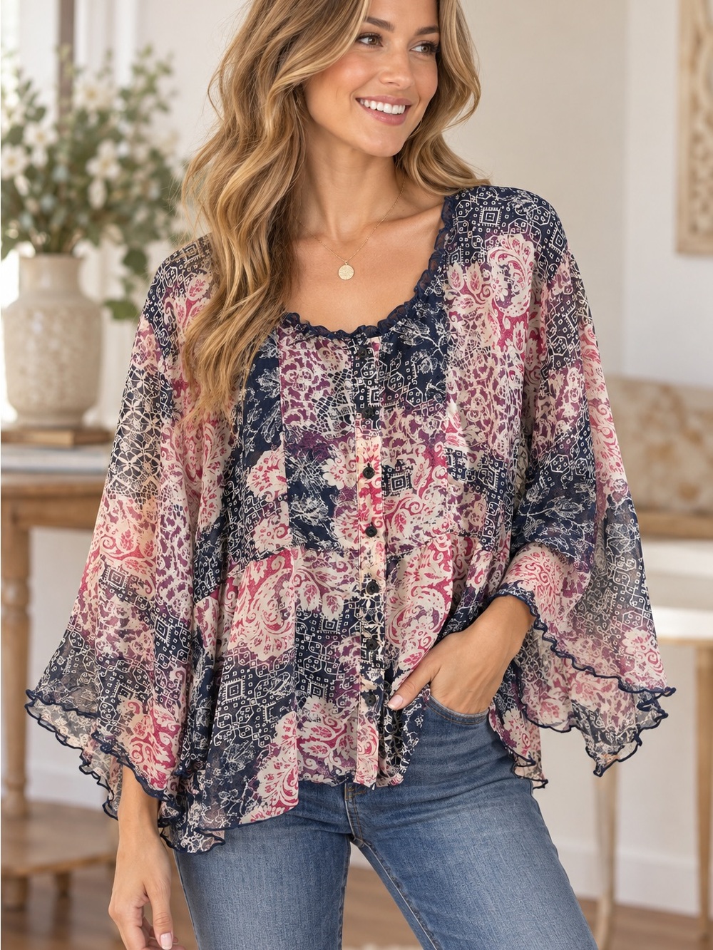 Coldwater Creek Navy & Pink Paisley Sheer Ruffle Blouse Boho Chic Whimsgoth S